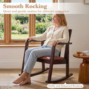 A woman relaxes barefoot in the DirectDeals Wooden Rocking Chair with Upholstered Seat and Ladder Back by sunlit windows, enjoying its smooth, stable rocking motion and gentle comfort.