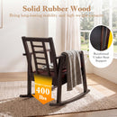 A DirectDeals Wooden Rocking Chair with Upholstered Seat and Ladder Back sits by a window, featuring a solid rubber wood build, 400 lbs weight capacity, and reinforced under-seat support.