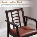 The DirectDeals Wooden Rocking Chair with Upholstered Seat and Ladder Back features an open frame and breathable slatted design for visual appeal and comfort, resting stylishly against a light wall.