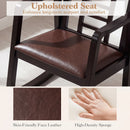 The DirectDeals Wooden Rocking Chair with Upholstered Seat and Ladder Back features a brown faux leather seat with skin-friendly material, high-density sponge, and detailed close-ups of the texture and cushion.