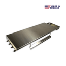 A rectangular stainless steel Pimp My Grill® Tactical Stainless Folding Front Shelf for the Recteq RT-800 / Deck Boss 800 featuring a side accessory tray with a cup holder and a Made in America emblem in the corner.