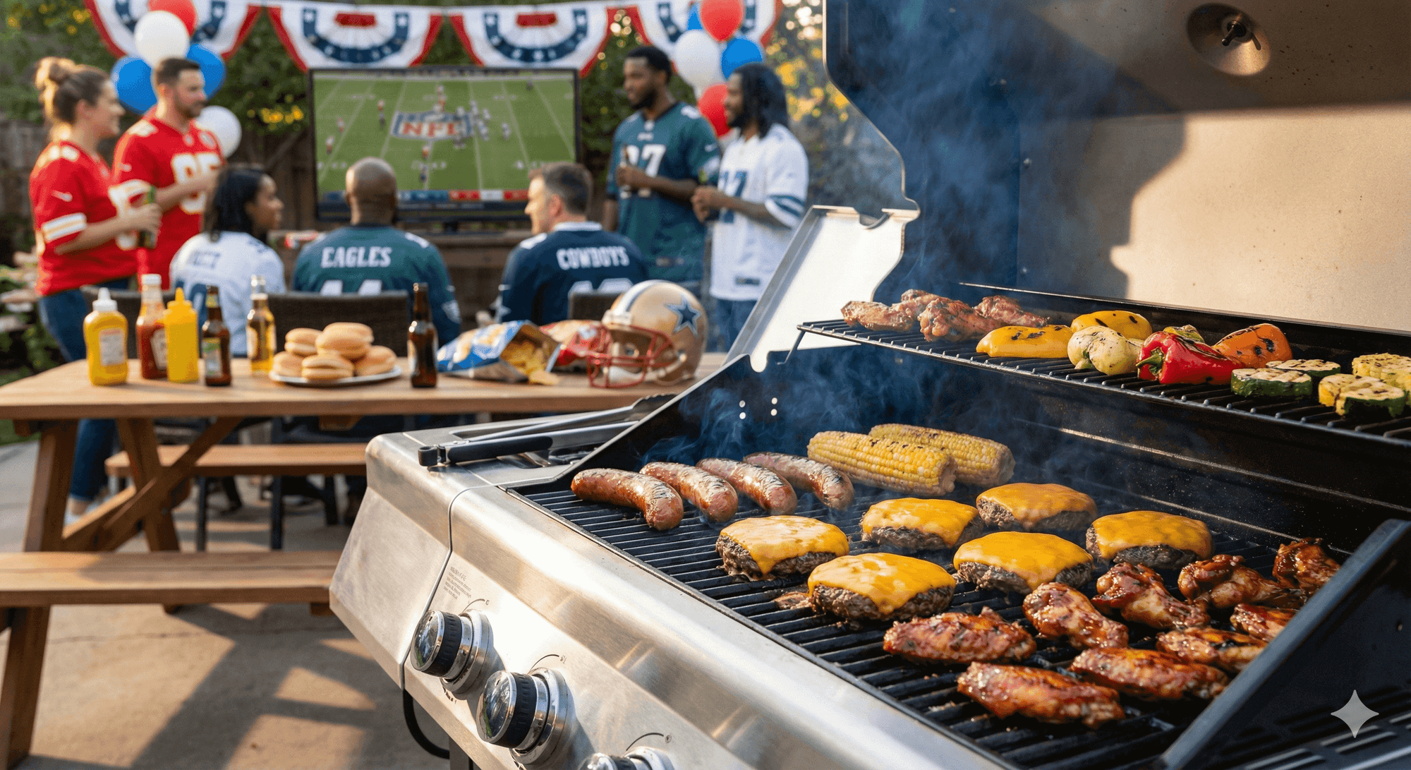 A backyard barbecue scene with a grill full of sausages, burgers, chicken, and vegetables. In the background, people in football jerseys watch a game on TV, with a picnic table set with condiments, buns, and drinks.