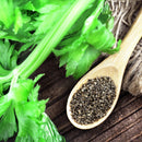 A wooden spoon filled with The Spice Lab Whole Celery Seeds, a classic savory seasoning from The Spice Lab often used in pickling spices, rests on a wooden surface next to fresh celery leaves and stalks.