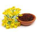 A wooden bowl filled with The Spice Lab Brown Mustard Seeds Whole, ideal for homemade mustard or pickling, sits next to a cluster of bright yellow mustard flowers on a white background.