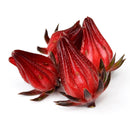 Three fresh The Spice Lab Whole Hibiscus Flowers with glossy surfaces and green-tipped sepals, arranged on a white background—an ideal botanical ingredient for foodservice applications.