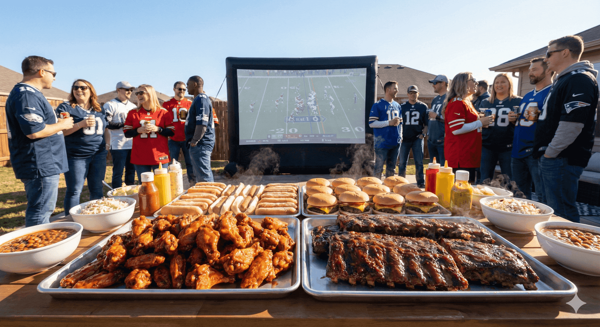 A group of people in football jerseys enjoy a backyard party with hot dogs, burgers, ribs, chicken wings, and snacks in front of a large outdoor screen showing a football game.