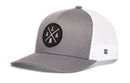 Haka Hat Alabama Trucker Hat | Black ALA X Snapback in gray and white mesh, featuring a circular patch with an outline of Alabama and the letters ALA arranged in an X.