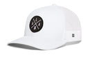 White Haka Hat Alabama Trucker Hat with a black circular patch featuring a white outline of Alabama and the letters ALA.