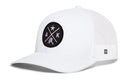 Haka Hat Alaska Trucker Hat | Black AK X Snapback in white, featuring a black circular patch with an AK logo, a star, and an outline of Alaska.