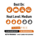 Infographic featuring Hickman's BBQ Cajun Gluten Free Keto Friendly Natural BBQ Rub 4 oz by Hickman's BBQ—a versatile rub ideal for poultry, pork, seafood, and vegetables. This sauce offers a medium heat level (3 out of 5), is keto friendly, gluten free, made with clean ingredients, and contains no preservatives or net carbs per serving.