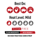 Infographic: Swinewaush No Sugar Added Gluten Free Natural BBQ Sauce by Hickman's BBQ—best for beef, poultry, pork, seafood; mild heat (2/5 flames); gluten-free, clean ingredients, keto friendly, no high fructose corn syrup.