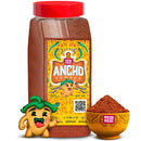 A shaker of Rico Rico Ancho Chile Powder with its vibrant label, a small bowl showcasing the rich spice, and a playful cartoon pepper mascot up front—perfect for adding authentic Mexican flair to your dishes with this mild chili powder from Rico Rico.