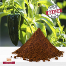A mound of mild chili powder sits in front of fresh poblano peppers on the plant, capturing the spirit of Mexican cuisine. At the top right is a "Made in Mexico" badge, while the bottom left features the Rico Rico Ancho Chile Powder Shaker logo from Rico Rico.