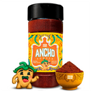 A bottle of Rico Rico Ancho Chile Powder Shaker featuring a vibrant label, paired with a small bowl brimming with the mild chile powder and a cheerful cartoon pepper character—ideal for adding an authentic flair to your Mexican dishes.
