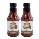 A pack of two Hickman's BBQ Appalachian Red Gluten Free Vinegar-Based BBQ Sauce bottles, each 18 oz, features rich red sauce in bottles with black caps. Labeled “Gluten Free” and “Because Pit Happens,” the bottles stand side by side against a white background.