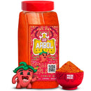 A jar of Rico Rico Arbol Chile Powder Shaker by Rico Rico, featuring a red cap, a small red bowl brimming with the vivid spice, and a cheerful chili pepper mascot in front—ideal for infusing your favorite Mexican dishes with an authentic kick using only natural seasonings.