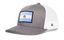 Grey and white Haka Hat Argentina Flag International Trucker Hat featuring an Argentina flag patch on the front.