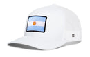 White Haka Hat Argentina Flag International Trucker Hat featuring an Argentina flag patch on the front.