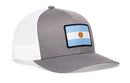 Haka Hat Argentina Flag International Trucker Hat, featuring a gray front, white mesh back, and an Argentina flag patch.