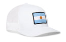 White Haka Hat Argentina Flag International Trucker Hat with a mesh back and a rectangular Argentine pride patch featuring the flag of Argentina on the front.