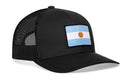 Black Haka Hat Argentina Flag International Trucker Hat featuring a rectangular patch on the front.