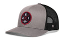 The Haka Hat Arizona Trucker Hat | Black PHX X Football Snapback features gray and black mesh with a snapback closure, and is designed with a round patch on the front displaying bold red and white “ARI” lettering next to a small football icon—making it an ideal choice for Phoenix football fans.