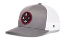 Introducing the Haka Hat Arizona Trucker Hat, a stylish gray and white snapback featuring a mesh back and a round black and red patch on the front with “ARI” lettering and a small football graphic. This Black PHX X Football Snapback by Haka Hat is perfect for passionate Phoenix football fans.
