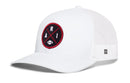 The Haka Hat Arizona Trucker Hat | Black PHX X Football Snapback by Haka Hat is a white mesh baseball cap featuring a curved brim and a round patch with red, black, and white accents that displays the letters “A R I” along with a small football icon. This Phoenix football hat offers adjustable comfort with its classic trucker snapback design and includes a small woven label on the side.