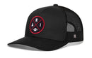 Introducing the Haka Hat Arizona Trucker Hat | Black PHX X Football Snapback by Haka Hat—a black mesh trucker snapback baseball cap featuring a red-bordered circular patch with “A R I” in white letters and a small white football icon on the front. Perfect as a Phoenix football hat, it combines sporty style with everyday comfort.