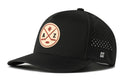 Introducing the Haka Hat Arizona Hockey Performance 5-Panel Hat | AZ X Flexfit Snapback—a black hat featuring a round beige front patch with a cactus, hockey stick, puck, and the letters A and Z. This stylish hat by Haka Hat boasts perforated side panels for breathability and a discreet H logo on the left side, delivering both comfort and style for any Arizona hockey fan.