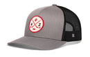Showcasing two crossed hockey sticks, a cactus, and the letters A and Z in vibrant red and white on a round patch, the Haka Hat Arizona Hockey Trucker Hat | AZ X Snapback combines gray and black mesh for bold southwestern flair—making it the perfect choice for Arizona hockey fans who appreciate unique style from Haka Hat.