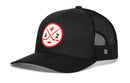 Introducing the Haka Hat Arizona Hockey Trucker Hat | AZ X Snapback: This black mesh snapback from Haka Hat showcases a striking red and white patch featuring two crossed hockey sticks, a small hockey puck, a red cactus, and the letters “A” and “Z”—all signature elements of Haka’s iconic trucker hat design.