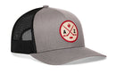 Introducing the Haka Hat Arizona Hockey Trucker Hat | AZ X Snapback by Haka Hat—a gray and black mesh snapback featuring a red and white circular patch with crossed baseball bats, a cactus, and the letters A and Z. This signature trucker hat blends classic southwestern style with sporty flair.