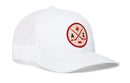 The Haka Hat Arizona Hockey Trucker Hat (AZ X Snapback) features a white mesh design and a round patch with a red outline, two crossed hockey sticks, a small cactus, the letter “A” on the left, and “Z” on the right—blending southwest flair with sporty style.