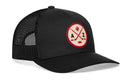 The Haka Hat Arizona Hockey Trucker Hat | AZ X Snapback from Haka Hat features a black mesh design with a round beige patch on the front, highlighted by a red outline, crossed bats, a cactus, and the letters A and Z. This signature trucker hat perfectly captures the spirit of Arizona—making it the ideal choice for fans looking for an Arizona Hockey Trucker Hat.