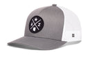 Introducing the Haka Hat Arizona Trucker Hat | AZ X Snapback—a stylish gray and white trucker hat from Haka Hat, featuring a breathable mesh back and a front patch with a star, crossed lines, the letters A and Z, and an outline of Arizona. The perfect Arizona trucker hat for any adventure.