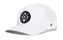 The Haka Hat Arizona Trucker Hat (AZ X Snapback) features a classic white mesh design with a black circular patch on the front that displays a star, the letters “A” and “Z,” and an outline of Arizona—perfect for showcasing your state pride. A small white tag with the Haka Hat logo adds extra detail to this stylish trucker cap.