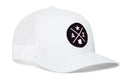 The Haka Hat Arizona Trucker Hat | AZ X Snapback by Haka Hat is a white trucker hat featuring a mesh back and a black circular patch on the front with a star, the letters “A” and “Z,” and an outline of Arizona arranged within a crossed-lines design—ideal for anyone looking for an iconic Arizona trucker hat.