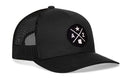 Introducing the Haka Hat Arizona Trucker Hat | AZ X Snapback—a black mesh trucker hat by Haka Hat, featuring a circular front patch with an A and Z, a star, and the white outline of Arizona. This signature 5.0 snapback is designed for both style and comfort with its adjustable fit.