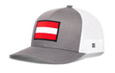 Gray and white Haka Hat Austria Flag International Trucker Hat featuring a rectangular patch of the Austrian flag on the front.