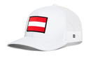 White Haka Hat Austria Flag International Trucker Hat featuring a rectangular Austrian flag patch on the front.