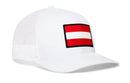White Haka Hat Austria Flag International Trucker Hat featuring an embroidered Austria flag patch on the front.