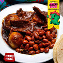 A plate of Mexican food featuring beef in a dark sauce enriched with Rico Rico Pasilla chile powder, accompanied by whole potatoes and pinto beans. The colorful label of the Rico Rico Chile Powder 3 Pack Bundle—featuring Ancho, Guajillo, and Pasilla varieties—is visible in the image with “Authentic Mexican Flavor” and “Rico! Rico!” displayed.