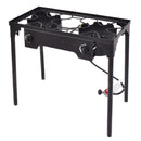 The DirectDeals 150000 BTU Double Burner Outdoor Stove BBQ Grill features a black, four-legged design with front control knobs and a gas regulator hose—ideal for your next outdoor BBQ.