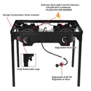 The DirectDeals 150000 BTU Double Burner Outdoor Stove BBQ Grill features dual cast iron burners, removable legs, adjustable heat dials, a regulator hose, and sturdy heat-resistant construction.