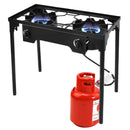 The DirectDeals 150000 BTU Double Burner Outdoor Stove BBQ Grill features black double burners with blue flames on four legs, connected to a red gas cylinder positioned underneath and to the side.