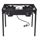 The DirectDeals 150000 BTU Double Burner Outdoor Stove BBQ Grill features control knobs, four legs, and a hose with regulator—ideal for camping or outdoor BBQs.