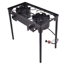The DirectDeals 150000 BTU Double Burner Outdoor Stove BBQ Grill features a sturdy black metal frame, four legs, control knobs, and a gas hose with regulator—ideal for outdoor BBQs.