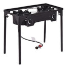 The DirectDeals 150000 BTU Double Burner Outdoor Stove BBQ Grill is black, includes four detachable legs, control knobs, and has a gas hose attached underneath.