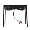 The DirectDeals 150000 BTU Double Burner Outdoor Stove BBQ Grill features two control knobs, four legs, and a gas hose—ideal for outdoor BBQs, shown isolated on a white background.